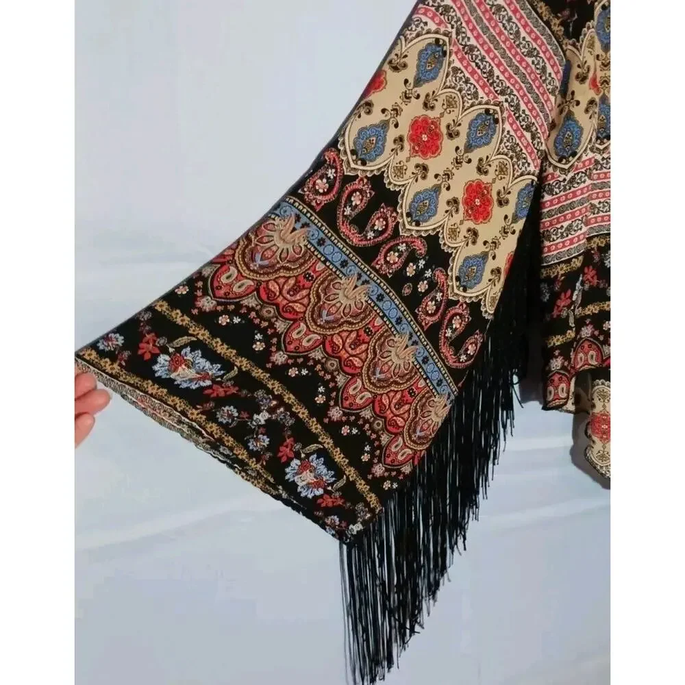 See You Monday Womens Medium Paisley Long Sleeve Black Fringed Cropped Top Boho - Picture 7 of 10